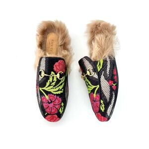Gucci Tapestry Brocade Fur Lined Princetown Mules Slip On Flats 36.5